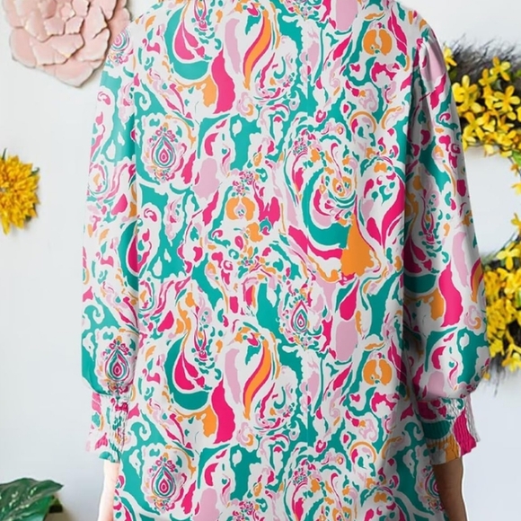 Women's Aqua/Pink Modern Abstract Paisley Print Loose Blouse w/Long Sleeves-XXL - Picture 4 of 9